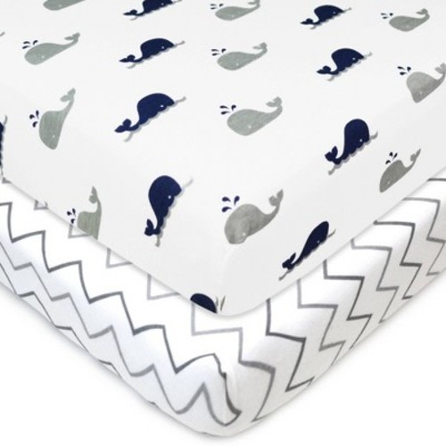 TL Care Printed 100% Cotton Knit Fitted Mini Crib Sheet - 2pk, Color: Navy Whale/Zigzag