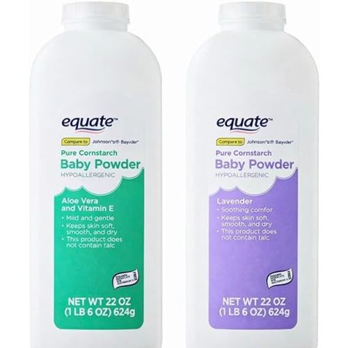 Pure Cornstarch Baby Powder Bundle-Includes 1 Pack 22 Oz Equate Lavender, 1 Pack 22 Oz Equate Aloe Vera Vitamin E