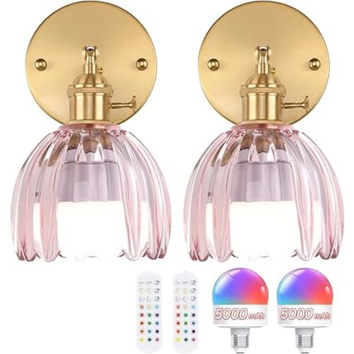 Vintage 5000 mAh Battery Operated Wall Sconce with Pink Clear Tulip Glass Lampshade Rechargeable Battery Powered Wall Light with Remote Control for Bedroom Doorway, Set of 2