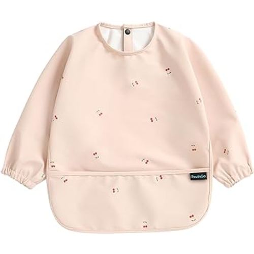 PewinGo Baby Bibs with Long Sleeve Bib & BLW, Coverall Bibs for Baby Feeding, PU Soft and Skin-Friendly Material, Machine Washable, Waterproof and Easy to Clean, Baby Infant Toddlers (Pink)