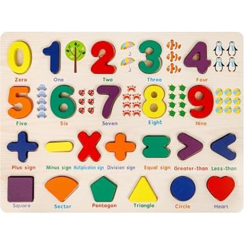 Number Puzzle Wooden Puzzles for Toddlers, Shape Learning Puzzles Toddler Toys with Puzzle Board & Letter Blocks, Preschool Educational for Girls Boys, Pattern Number