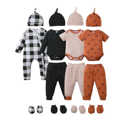 KIMI BEAR 0 Months Newborn Baby Boys Layette Set 3 Months Shower Gift Romper Set 4-Packs Pant Sets Short Sleeves Romper Top Long Sleeves Tops Plaid Print Clothes with Hats and Gloves Multiclolor