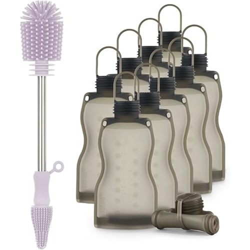haakaa Breastmilk Storage Bags &Cleaning Brush Silicone Bottle Brush-Silicone Milk Storage Bags for Breastfeeding Reusable & Leakproof-Double-Ended Soft Silicone Bristles for Breast Pumps