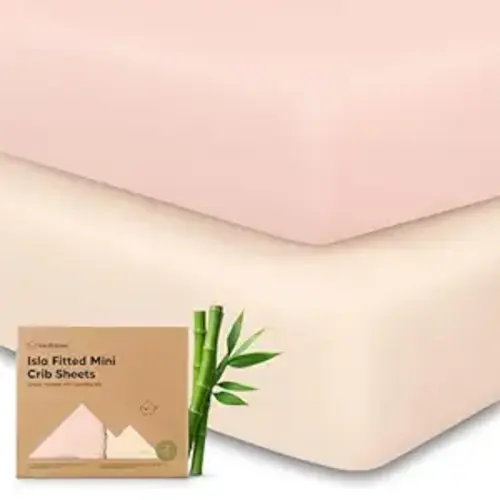 Pack and Play Sheets Fitted - 2-Pack Mini Crib Sheets for Pack N Play Mattress 38x26, Soft & Cozy, Neutral Toddler Playard Bedding, Snug Fitted Mini Baby Crib Mattress Cover Boy, Girl (Cameo)