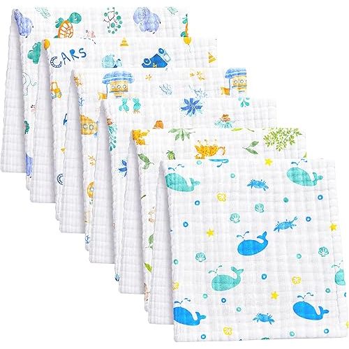 6 Pack Baby Muslin Burp Cloths - 20" x 10" Cotton Burp Rags 6 Layers Muslin Cloth Absorbent Ultra-Soft Burping Cloths Feeding Gifts for Newborns Boys Cute Animal
