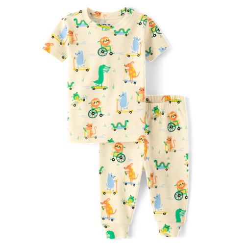 Baby And Toddler Boys Animal Wheels Snug Fit Cotton Pajamas - Cream