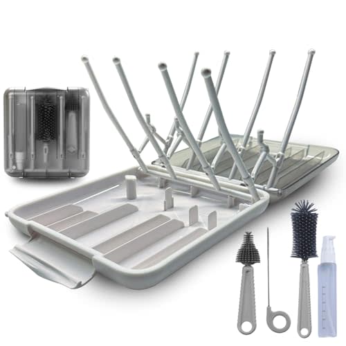 Mombasics Portable Baby Bottle Cleaning Kit – 6-in-1 Travel Bottle Brush Set with Drying Rack, Nipple Brush, Straw Brush, Soap Dispenser & Storage Box – Essential Baby Bottle Cleaner for Home & Travel