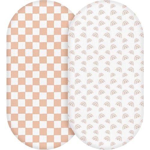 Muslin Bassinet Fitted Sheets, 2 Pack for Baby Boy and Girl, Soft Breathable Baby Pad/Mattress Sheet, Fit for Hourglass Oval and Rectangle Bassinet Mattress (Lattice Rainbow)