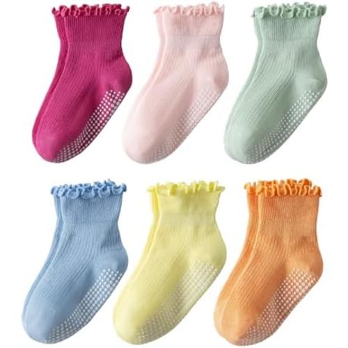 DarkCom Toddler Baby Socks Ruffle Girls Grip Non Slip 6 Pairs Socks for Kids Cute Athletic Ankle Frilly 6M-5Years