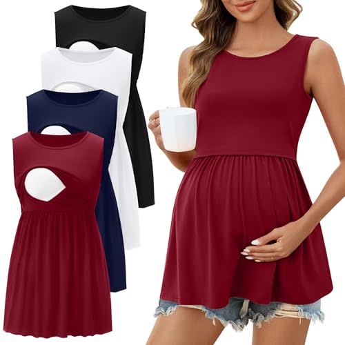 Ficerd 4 Pack Women's Maternity Nursing Tank Tops for Breastfeeding Round Neck Sleeveless Shirts Pregnancy Clothes
