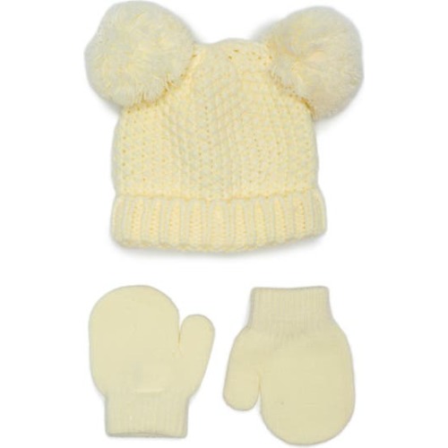 Seed Stitch Double Pompom Beanie & Mittens Set, 0-6 M