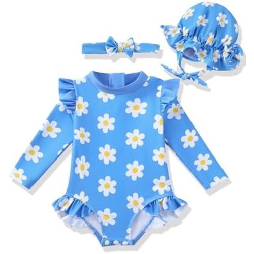 Renotemy Infant Baby Girls Swimsuit Toddler Bathing Suit Long Sleeve Zipper One-Piece Rash Guard Ruffle Swimwear with Hat