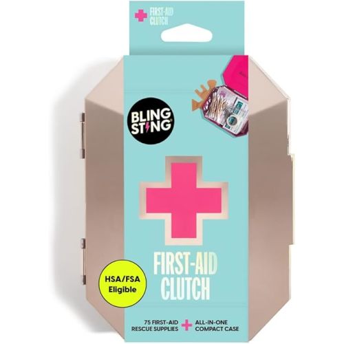 BLINGSTING First Aid Kit - 75 Essential First-aid Supplies, Bandages, Wipes, Gold Travel Case - Multipurpose Mini Emergency Kit for Women - Pink Interior - Compact & Versatile - TSA Approved (1 Count)