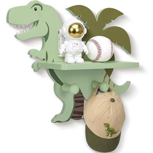 T-Rex Dinosaur Wall Shelf with 2 Hooks for Kids' Rooms, Green