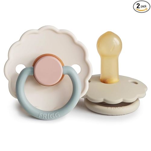 FRIGG Daisy Natural Rubber Baby Pacifier | Made in Denmark | BPA-Free (Cotton Candy/Sandstone, 6-18 Months) 2-Pack