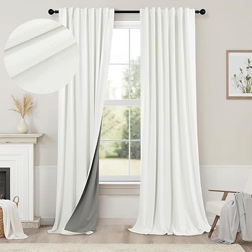 Living Room Curtains 84 Inches Long Faux Linen Darkening Curtain for Bedroom Boho Burlap Full Blackout Soundproof Thermal Insulated Drapes for Nursery Room Divider 52x84 Length 2 Panel Ivory Off White