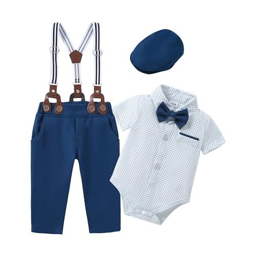 ZOEREA Baby Boy Suit Gentleman Outfit Clothes Infant Tuxedo Short Sleeve Dress Shirt+Suspender Pants+Bowtie+Hat 0-18M