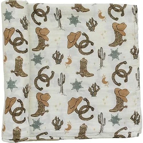 Mebie Baby Outlaw Cowboy Muslin Swaddle, Modern and Neutral Blanket for Baby Girl or Boy, 0-3 Month, Comfy Wrap