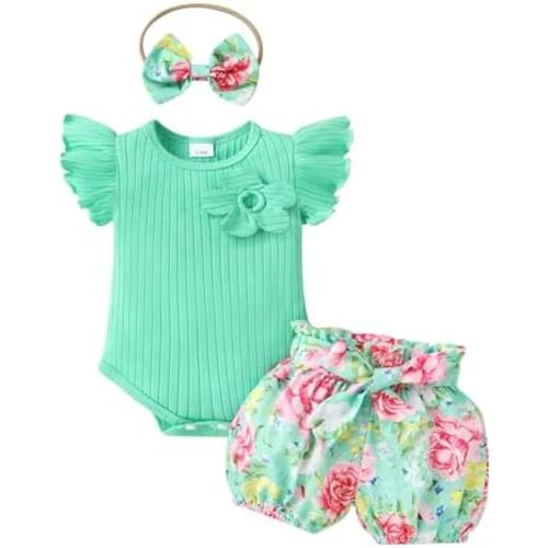 Tiny Cutey Baby Girl Clothes Infant Summer Outfits Set Ruffle Sleeve Romper and Floral Shorts with Headband