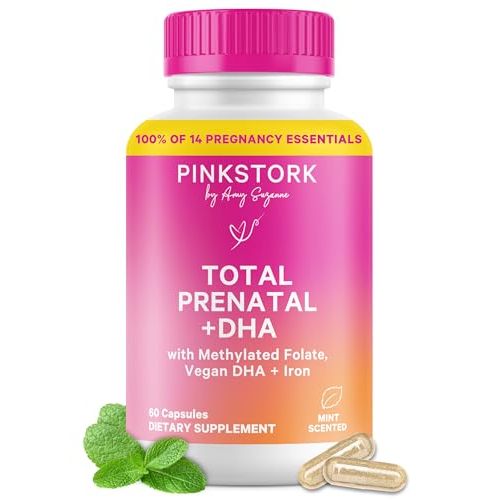 Pink Stork Total Prenatal Vitamins for Women | DHA, Folate, Iron, Choline, & Vitamin B12 | Preconception Nutrition | Prenatals for Women, Pregnancy Essentials | Doctor Formulated, 60 Count, Mint