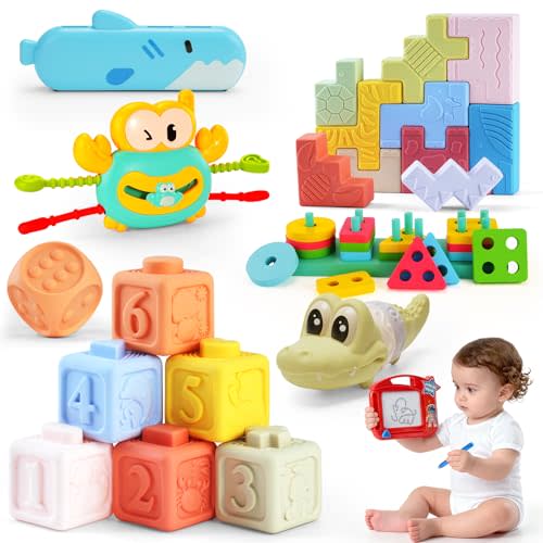 8-in-1 Montessori Baby Toys for 6-12 Months,Babies Travel Toy Set with Stacking Blocks, Pull Teether, Sensory Shape Sorter, Drawing Board & Harmonica, Infant Learning Gift for Toddler 1-3 Year Old