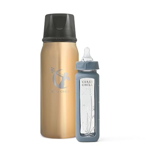 Ceres Chill Breastmilk Chiller/Warmer Bundle, 27oz of Storage, 20 Hour Chill, Comes with Glass Baby Bottle for The Ultimate Bottle Warming Duo (You're So Golden Chiller & Gray Bottle)