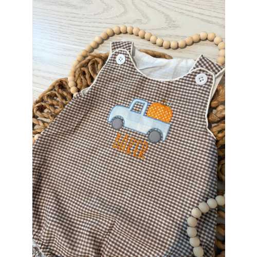 Custom Embroidered Baby Boy fall truck Romper – gingham, Personalized Outfit