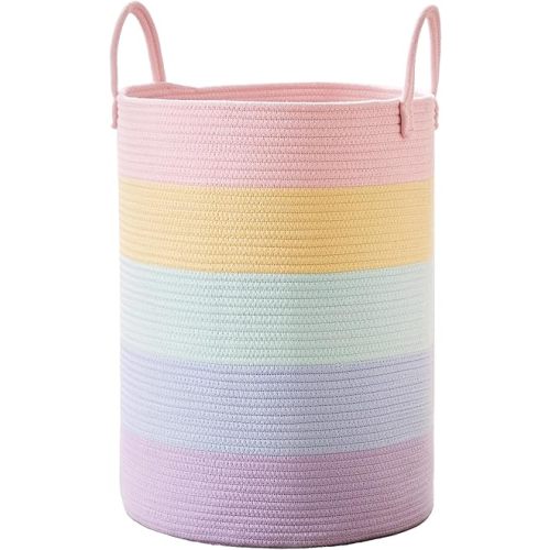 80L Extra Large Rainbow Baby Girls Hamper Laundry Basket for Kids Nursery Pastel Tall Blanket Basket for Toy Woven Rope Unicorn Clothes Hamper in Living Room Playroom Bedroom 16"D x 22"H