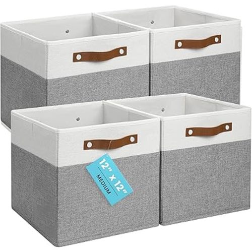OrganiHaus 12" x 12" x 12" Fabric Cube Storage Bins - Set of 4, Cube Fabric Organizer Bins with Vegan Handles, Kallax Storage Cubes, 12Inch Cubic Baskets for Shelves - Grey / White