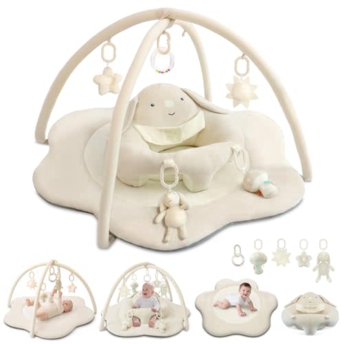 3-in-1 Baby Play Mat & Baby Seats for Infants for Sitting Up, Tummy Time Gym Activity Mat with 5 Detachable Toys, for Babies 0-6-12-18 Months, Newborn Babies Shower Gifts(Beige)