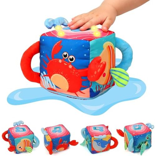XPIY Baby Toys 6-12 Months, Soft Sensory Activity Cube with Lights & Drum Sounds, Montessori Infant Crinkle Toy for Fine Motor Skills & Tummy Time, Learning 1st Birthday Gifts for Boy Girl