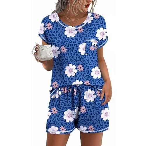 Ekouaer Womens Pajama Sets 2 Piece Soft Short Sleeve Top and Shorts Sleepwear Round Neck Pjs Lounge Set with Pockets