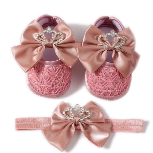 Newbron Baby Girls Mary Jane Shoes with Headband Soft Sole Anti-skidding Crown Bowknot Lace Princess Flats Infant Shower Wedding Dress Crib Shoes
