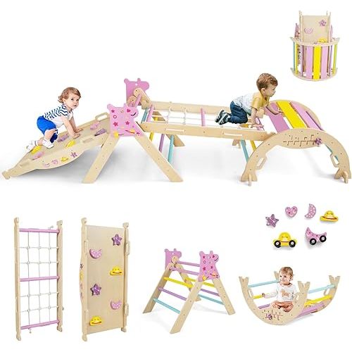 Costzon Pikler Triangle Set, 9-in-1 Foldable Baby Climbing Toys, Wood Montessori Climbing Set for Learning and Motor Skills, Indoor Playground Jungle Gym for Toddlers 3+ Climber Gifts (Pink)