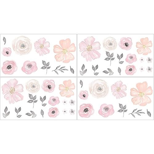 Sweet Jojo Designs Set of 4 Sheets Wall Decal Stickers (Pink/Grey Boho Floral) for Girls, Kids, Children Bedroom, Nursery, Room Decor (Watercolor, Flower, Elegant Rose, Shabby Chic, Farmhouse, Nature)