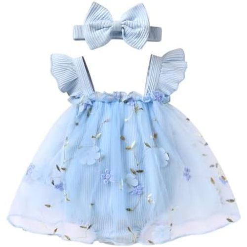 YOUNGER TREE Baby Girl Clothes Infant Summer Sleeveless Romper Dress Ribbed Floral Tulle Jumpsuit Bodysuit with Headband