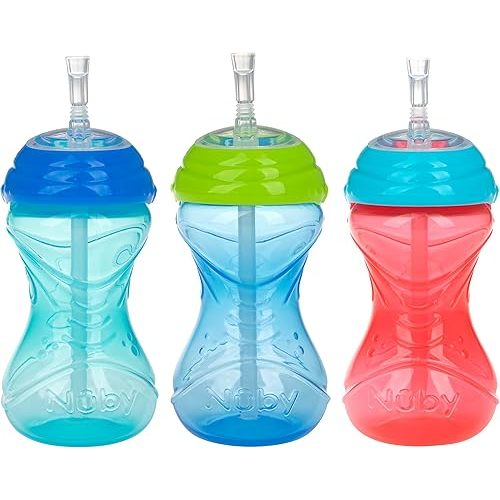 Nuby 3 Piece No-Spill Easy Grip Cup with Flex Straw, Clik It Lock Feature, Boy, 10 Ounce