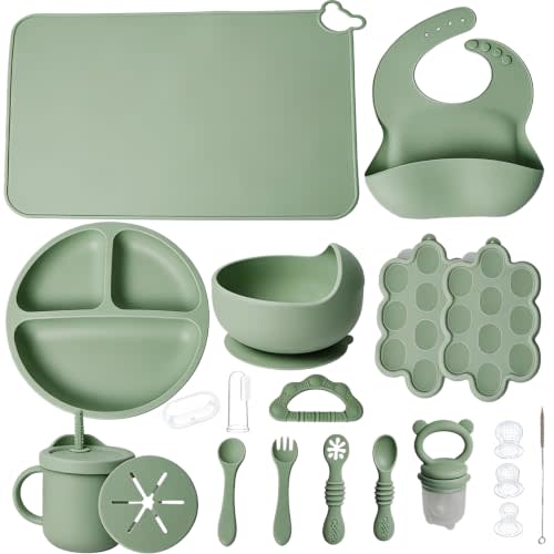 19 Pcs Silicone Baby Feeding Set Eating Essentials for Newborn | Toddler Plates and Bowls Set with Bib Sippy Cup Fruit Feeder Freezer Tray Fork & Spoon Infant Led Weaning Supplies Utensils