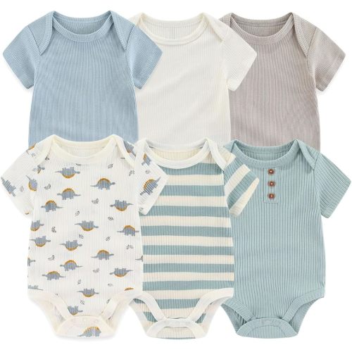 Baby Bodysuit 6 Pack Soft Mixed Ribbed Short Sleeve Romper Infant Boy Girl Clothes Set