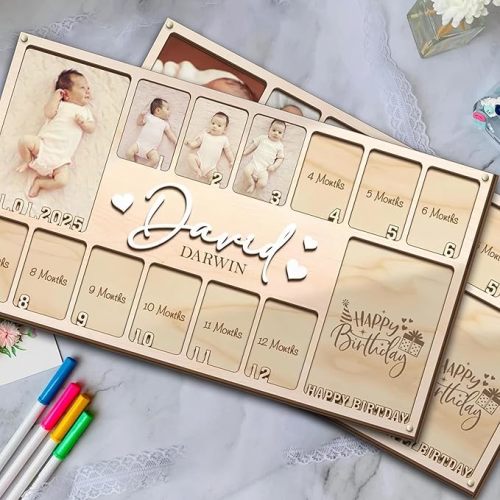 V-DECORPARKS Personalized My First Year Photo Frame | 12 Months Picture Frame For Baby First Year | Displays Two 4x6 Photo and Twelve 2x3 Pictures | Birthday Party Decor Newborn Memory Keepsake