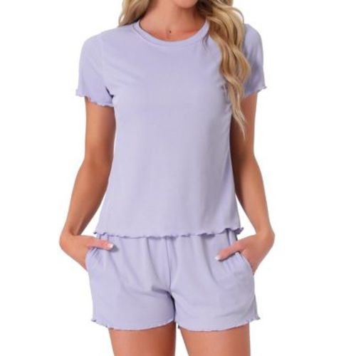 INSPIRE CHIC Women's Ribbed Knit Soft Short Sleeve Top and Shorts Ruffled Lounge Set Pajama Set with Pocket