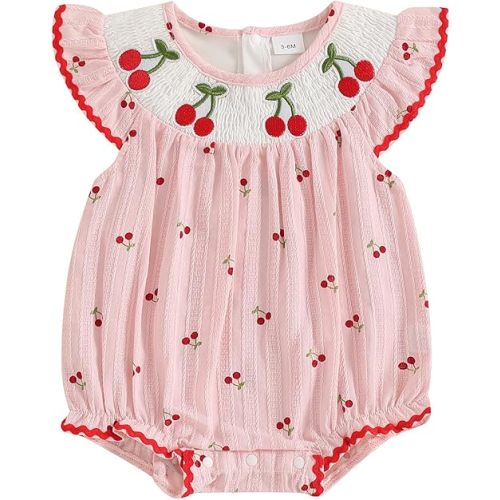 Newborn Smocked Baby Girl Bubble Romper Sleeveless Ruffle Linen Bodysuit Infant Cherry Fruit Summer Outfit