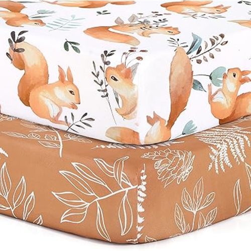 Pack n Play Sheets, BROLEX 2 Pack Mini Crib Sheets,Stretchy Portable Fitted Playard Sheet Set, Convertible Playard Mattress Cover,Ultra Soft Breathable Material,Squirrel & Foliage