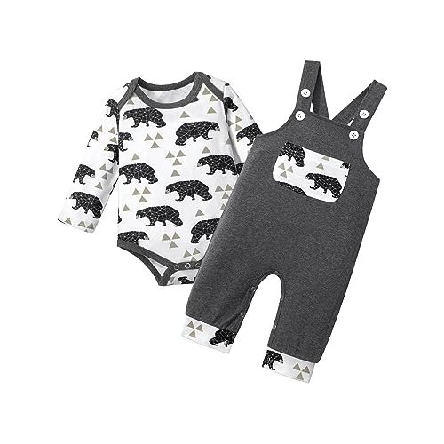 BAVADER Baby Boy Clothes Long Sleeve Animal Plaid Romper + Overalls Infant Boy Clothes 2PCS Fall Winter Outfits
