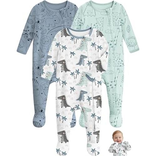 Unnivoll Baby Sleepers 100% Organic Cotton Baby Pajamas Boys Girls Clothes | Footie Pajamas for Newborn 0-3 3-6 6-9 Months, 3Pcs Soft Infant Footed PJs with Mitten Cuffs, Two Way Zipper, Long Sleeve