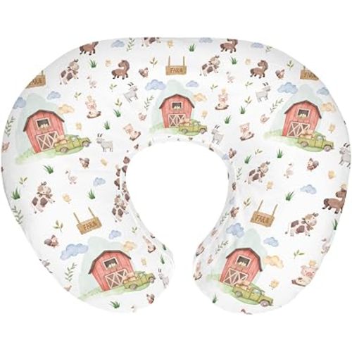 Farm Animals Life Baby Nursing Pillow Covers for Boy Girl Cow Rooster Horse Goat Duck Pig Barn Truck Grass Nursing Pillowcase for Breastfeeding Pillows Country Farmyard Soft Stretchy Slipcovers
