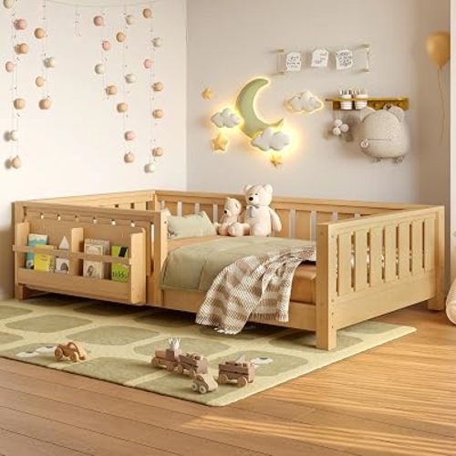 Bellemave Twin Floor Bed with Slats and Safety Guardrail, Twin Size Montessori Floor Bed with Fence and Built-in Bookshelf, Easy Assemble Montessori Beds for Kids, Girls, Boys, Light Natural