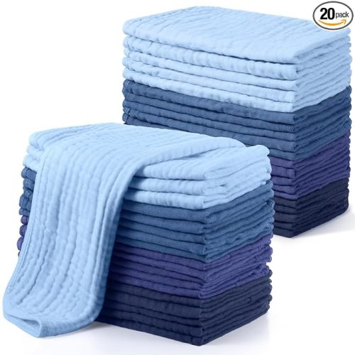 Buryeah Muslin 20 Pcs Burp Cloths Large 20" x 10" 100% Cotton 6 Layers Ultra Absorbent and Soft Hand Washcloths for Baby Drool and Messes Gentle Burp Cloth for Boys & Girls(Deep Color)