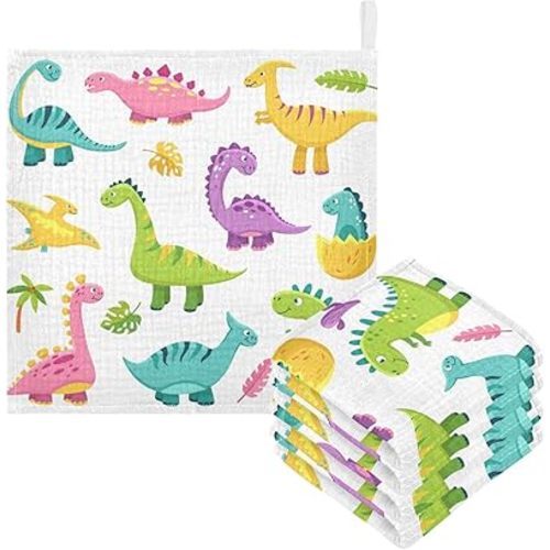 Cartoon Dinosaur Baby Muslin Washcloths Cute Burp Cloths Soft Absorbent Baby Wash Cloth Fingertip Face Towels for Newborn Boys Girls 12 x 12 in, 3 Pack