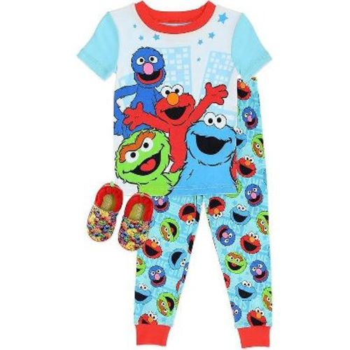 Sesame Street Toddler Boy's 3-Piece Set Pajama with Matching Slippers, Turquoise, 3T